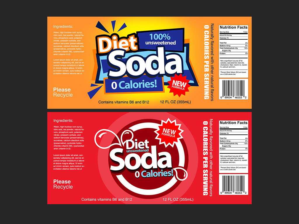 Two colorful generic soda can labels TrashedGraphics