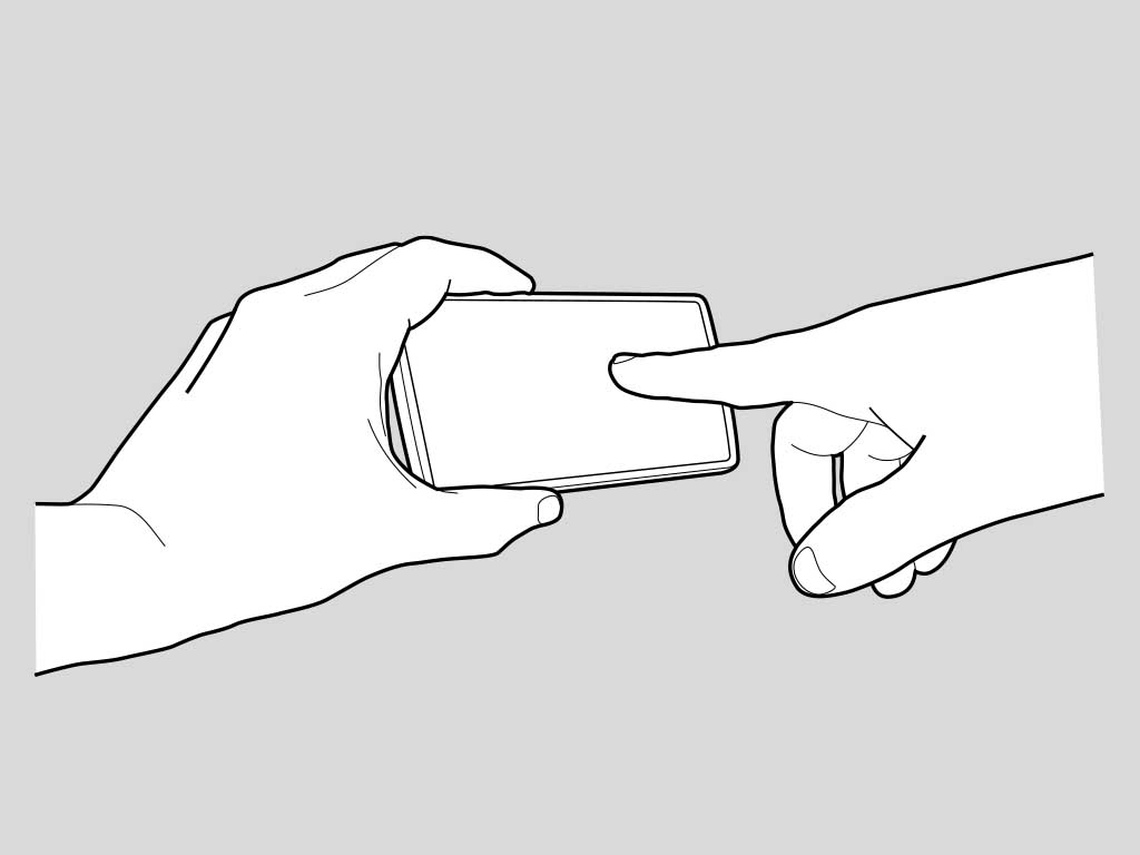 hands holding and touching horizontal phone drawing