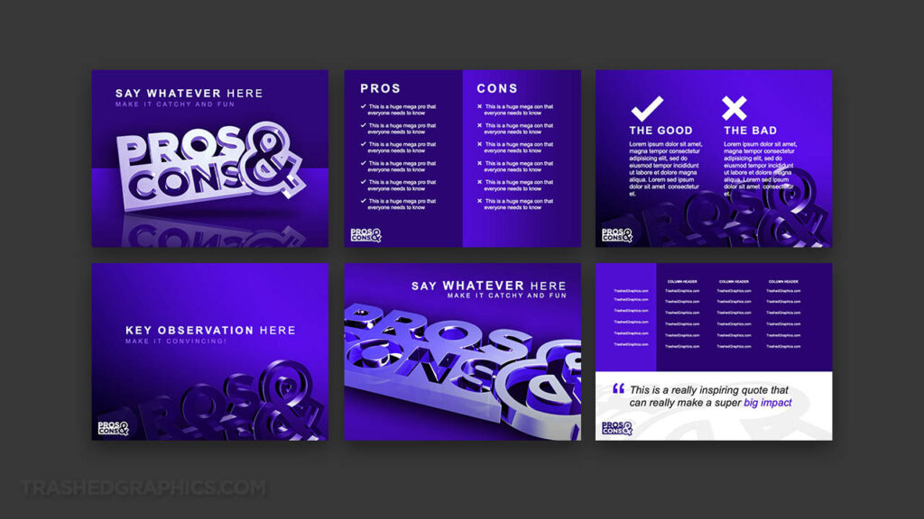Pros and Cons PowerPoint template Preview showing the first 6 slides